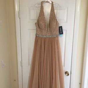 NWT Sherri Hill Nude 51637 Halter Beaded Long Gown
